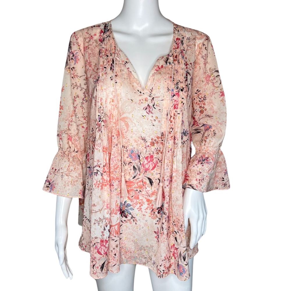 T Tahari Shirt Womens Medium Pink Floral Bell Sleeve Tasseled Tie Top‎ Bloomcore